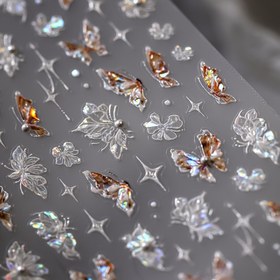 Resim 1 adet 5D Kabartmalı Amber Kelebek Tırnak Stickerı, İnci Detayları ile, Aurora Holografik Tasarım, Retro Kendinden Yapışkanlı Tırnak Sanatı Dekorasyonu, Yaz için Kelebek Tırnak Sanatı 