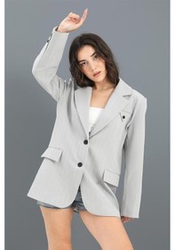 Resim Blazer Ceket Çizgili Atlas Kumaş - Gri-gri Gri 