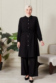 Resim Ferace Büyük Beden Tesettür İkili Takım - Gofre Kumaş Düğmeli Tunik Pantolon Set 