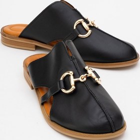 Resim Favor Siyah Cilt Hakiki Deri Tokalı Önü Kapalı Kadın Terlik Siyah 