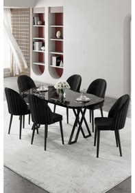 Resim Canisa Kaye Serisi Mdf 90x168 Siyah Mermer Desen Mutfak Masası Takımı 6 Siyah Sandalye Masa Siyah Mermer Desen Sandalye Siyah 
