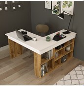 Resim Robinhome Robin Home Boston Kitaplık Raflı Çalışma Masası L Masa Ofis Çalış Beyaz 