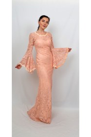 Resim ALİS DRESS Kadın Somon Rengi Kolları Volanlı Simli Dantel Tesettür Ucuz Abiye 