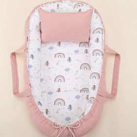 Resim Babynest ve Yastık- Çift Taraflı - Pudra Muslin - Pastel Gökkuşağı 