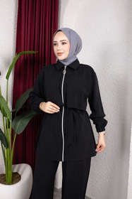 Resim Weak Blue Kadın Tesettür Takım Çift Kat Görünümlü Fermuarlı Tunik Bol Paça Pantolon Moda Kumaş İkili Takım 