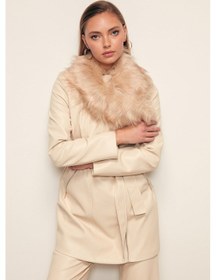 Resim Sateen Kürk Detaylı Deri Ceket - Taş 