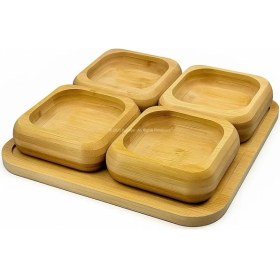 Resim Doğal Bambu 4'lü Kare Bölmeli Çerezlik Seti Sunumluk Servis Tabağı Atıştırmalık Kase 