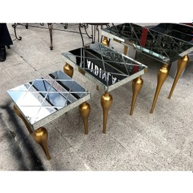 Resim Zigon Sehpa TOMBUL Model Torna Parlak Gold renk Kayın Ayak çizgili Ayna tabla El Yapım 
