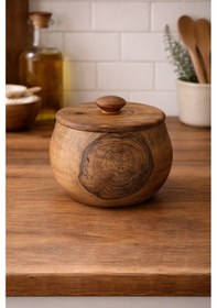 Resim Doğal Ceviz Ağacından Büyük Boy Kapaklı Kavanoz/18/17 Cm Ahşap 