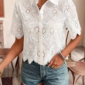 Resim Kadınlar için Zarif Kısa Kollu Gömlek, Ajur Tasarımlı, %100 Polyester, Her Mevsim Yaka Yaka Bluz, Düz Renkli Dokuma Kumaş, 100g/m² - Yetişkinler için Mükemmel 