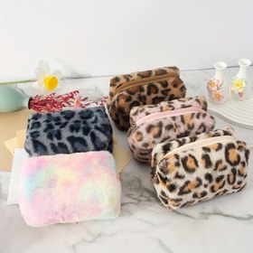 Resim 1 Adet Büyük Kapasiteli Leopar Desenli Kozmetik Organizer Çantası - Yumuşak Plüş İç Ağırlıklı, Fermuarlı Makyaj ve Kırtasiye Saklama Kutusu - Kadınlar, Erkekler, Öğrenciler, Seyahat, Okul, Ofis için - Siyah/Bej/Pembe/Mavi/Turkuaz/Açık Mavi/Yeşil Pastel/Kadife Mavisi, Dayanıklı Kumaş, Moda Aksesuar, Seyahat Gereçleri 