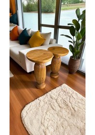 Resim Rustik Tik Renk Ahşap Sehpa Takımı 2 Li Masif Zigon Ve Fiskos 