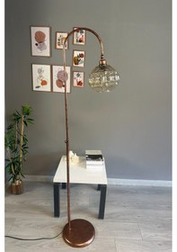 Resim Şila Cam Bal Rengi Patina Gövde Lambader Modern Oturma Odası Natural 