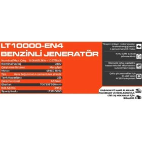 Resim Lutian LT10000EN4 10 Kwa Benzinli Jeneratör Marşlı 220 V. 
