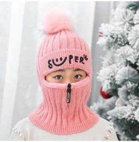 Resim Pembe Örgü Şapka Eşarp Birlik Balaclava Çocuklar Boyun Isıtıcı Kış Sıcak Skullies Beanie Pembe 
