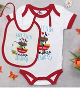 Resim Bitmeyen Kartuş Babasının Balıkçı Arkadaşı Tasarımlı Kırmızı Bebek Body Zıbın Ve Mama Önlüğü Seti-1 