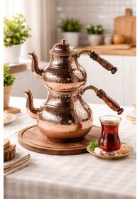 Resim Dmt Copper Home Bakır Küçük Boy 3 Kişilik Çaydanlık El Dövmesi Gaziantep Üretimi, Alt 900 Ml Üst 500 Ml Bakır 