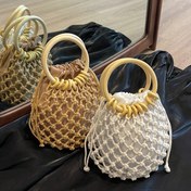 Resim 1 Adet Hafif, Ahşap Saplı ve İpli Kapatmalı Hollow-Knit Kovboy Çantası - Kadınlar için Yaz Tatili Stili Kağıt Malzeme Tote, Haki/, Seyahat, Plaj, Günlük Kıyafetler, Küçük Tote Çanta, Seyahat Aksesuarı, Minimalist Aksesuar, Dayanıklı Naylon Astar 