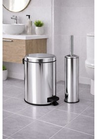 Resim Krom 2'li Banyo Seti - Metal Çöp Kovası 3 Lt Ve Wc Fırçası Takımı Elit 7200 Gri 