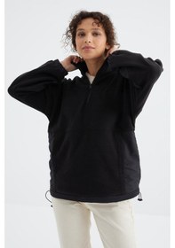 Resim Tommy Life Siyah Yarım Fermuar Etek Ucu Büzgülü Dik Yaka Oversize Kadın Polar Sweatshirt - 97236 Siyah 