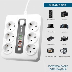 Resim Yellowtech Termal Akım Korumalı 3000W 6’lı Çoklu Priz - 2m Uzatma Kablosu, Sigortalı Yapı, 5 USB + 1 Type-C PD20W QC3.0 Hızlı Şarj, Çocuk Kilitli Güvenli Priz 