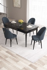Resim Canisa Roz Serisi,80x132 Mdf Açılabilir Siyah Mermer Desen Yemek Masası 4 Antrasit Sandalye Gold Halkalı 