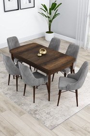 Resim Canisa Kar Serisi 80x132 Açılabilir Mdf Barok Ahşap Desenli 6 Gri Sandalye Mutfak Masası Takımı 