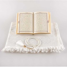 Resim Seccade + Tesbih + Kuran Hediye Seti (Çanta Boy, Beyaz) 
