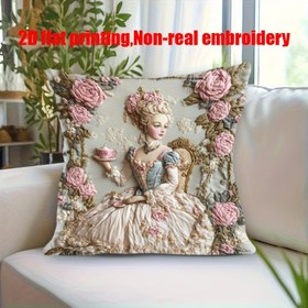 Resim Vintage Kadın ve Çiçek Desenli Şık Polyester Yastık Kılıfı 45.72x45.72 cm - Fermuarlı, Elde Yıkanabilir Dekoratif Ofis, Yatak Odası, Oturma Odası İçin Dekoratif Yastık Kılıfı (İç Dolgu Dahil Değildir), 2D Düz 