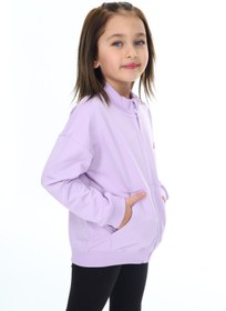Resim Toontoy Kız Çocuk Lila Dik Yaka Fermuarlı Düşük Omuz Cepli Nakış Baskılı Örme Hırka - 2 İplik Şardon 