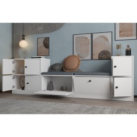 Resim nettrends.net the new trend of shopping Minimalist Tasarım Antre Dinlenme Bankı - Gri Minderli ve Beyaz Dolaplı Set NRG-DLM-1008 