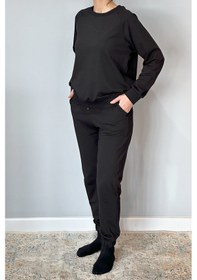 Resim Kadın Sweatshirt Paçası Lastikli Eşofman Takımı 8006 Siyah Siyah 