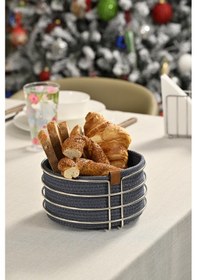 Resim Silver Yuvarlak Ekmek Sepeti Şık,ekmeklik Mavi Hasır Örmeli Makrome-çok Amaçlı Metal Paslanmaz Gümüş 