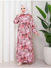 Resim %100 Pamuk Mango Kumaş Çiçek Desenli Boydan Düğmeli Tesettür Elbise Pembe 