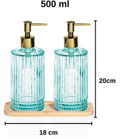 Resim Ahşap Standlı 2 Li Cam Sıvı Sabunluk 500 Ml Modern Banyo Ve Mutfak İçin Dekoratif Cam Sabunluk Seti Açık Yeşil 