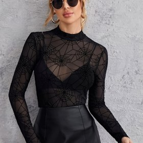 Resim Şık Özel Baskı - Kadınlar İçin Dar Kesim Örümcek Ağı Desenli Uzun Kollu Üst 