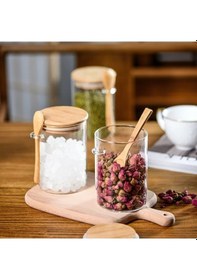 Resim Morponi Borosilikat Cam Bambu Kapaklı Ve Bambu Kaşıklı Baharat Seti 6 Adet 450ml ŞEffaf 