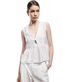 Resim Koton Koton X Melis Ağazat - Deniz Kabuğu Aksesuar Detaylı V Yaka Kolsuz Peplum Bluz Beyaz Desenli 5sak60383pw Beyaz Desenli 