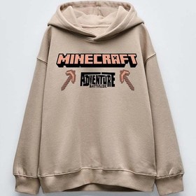 Resim Erkek Çocuk Mınecraft Modelli Kol Manşetli Pamuk Kapşonlu Sweat Bej 