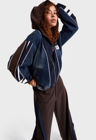 Resim Kadın Kot Rengi Denim Dokuma Çift Parça Kumaş Oversize Kapüşonlu Tasarım Denim Ceket - Kot Rengi / S 