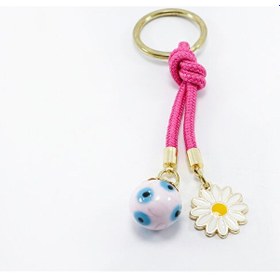 Resim Pembe Cam Nazar Boncuklu Papatyalı Anahtarlık, Hediyelik Cam Bonc 