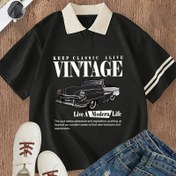 Resim Kadın Vintage Araba Grafik Polo Gömlek - Siyah Beyaz Yaka, Kısa Kollu, Casual Düğmeli Üst, "Klasikleri Yaşat" Tasarımı, Modern Hayat Maceraları, Casual Giyim için Mükemmel, Vintage Araba Baskısı, Düğmeli Üst 