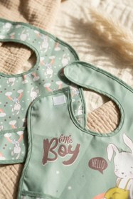 Resim Bebechi Nino 2'li Su Geçirmez Bebek Mama Önlüğü Seti - Mint Yeşil Tavşan Desenli, Leke Tutmaz Ve Kırıntı Cep 