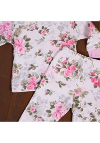 Resim Büyük Çiçek Desenli Kız Bebek Eşofman Takımı %100 Pamuk Pembe 