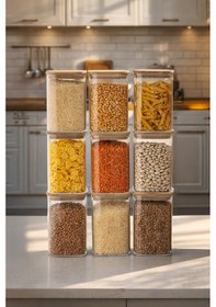 Resim Porsima 6-3 Bambu Vakumlu Kapaklı Kare Borsilikat Cam 9lu Kavanoz Seti Saklama Kabı 1250ml 9,5x15cm Ahşap - Şeffaf 