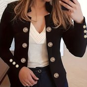 Resim 1 adet Şık ve Sadelikten Ödün Vermeyen Kadınlar İçin Klasik Dikişli Polyester Ceket, Çift Düğmeli Ön ve Manşet Düğmeleri, Tüm Mevsimler İçin Uzun Kollu Yelek Yaka Blazer 