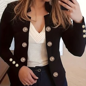 Resim 1 adet Şık ve Sadelikten Ödün Vermeyen Kadınlar İçin Klasik Dikişli Polyester Ceket, Çift Düğmeli Ön ve Manşet Düğmeleri, Tüm Mevsimler İçin Uzun Kollu Yelek Yaka Blazer 