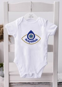Resim Minik Ayı Bebeğinize Maşallah Göz Baskılı Bebek Badi Alttan Çıtçıtlı Body Zıbın -beyaz 
