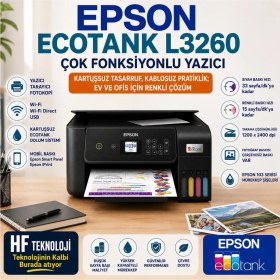 Resim Epson Fotokopi + Tarayıcı + Wifi Direct + Tanklı Ecotank L3260 Mürekkep Püskürtmeli Yazıcı + Fotoğraf Kağıdı Hediyeli 
