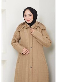 Resim İçi Kürklü Tam Boy Kaban Mont - Bej / M0102 Bej 
